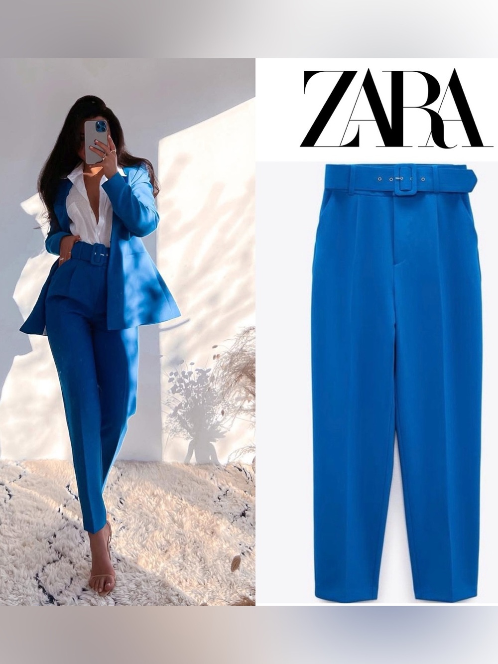 ZARA Electric Blue High-Waist Belted Tapered Trousers